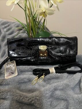 Deluxe Black Croc-Embossed Convertible Clutch with Gold Hardware